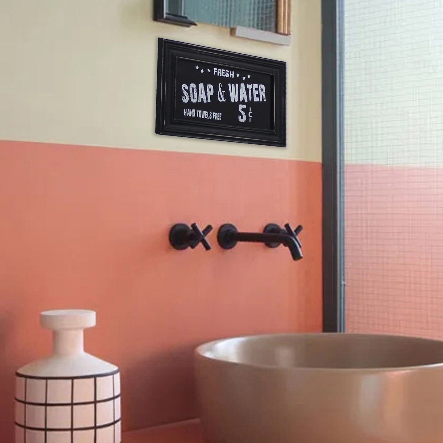 CVHOMEDECO. Primitives Vintage Bath Advertising Wall Frame Wooden Wall Hanging Decoration Art, Bathroom Restroom Decor, 13.75 x 8.75 Inch, Black