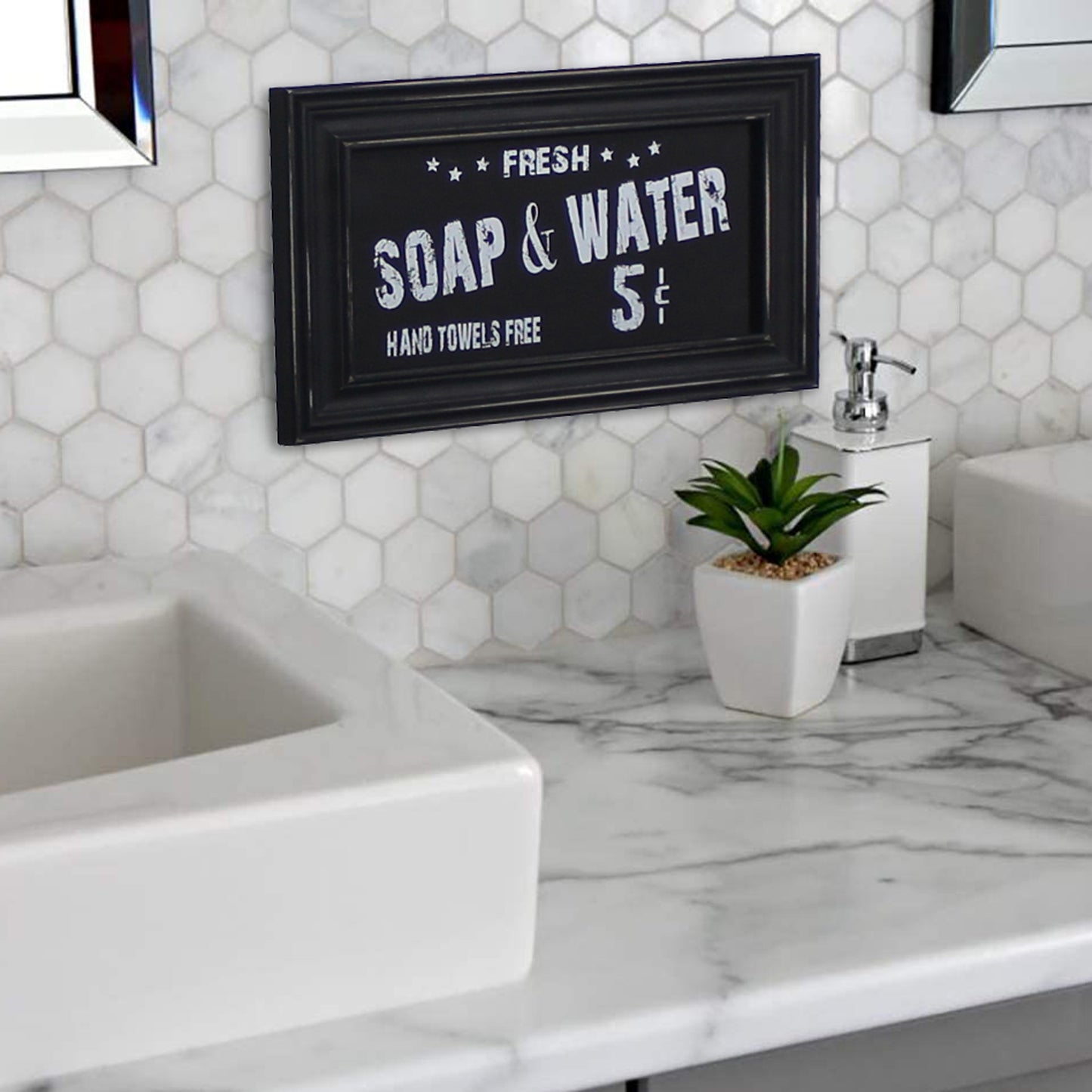 CVHOMEDECO. Primitives Vintage Bath Advertising Wall Frame Wooden Wall Hanging Decoration Art, Bathroom Restroom Decor, 13.75 x 8.75 Inch, Black