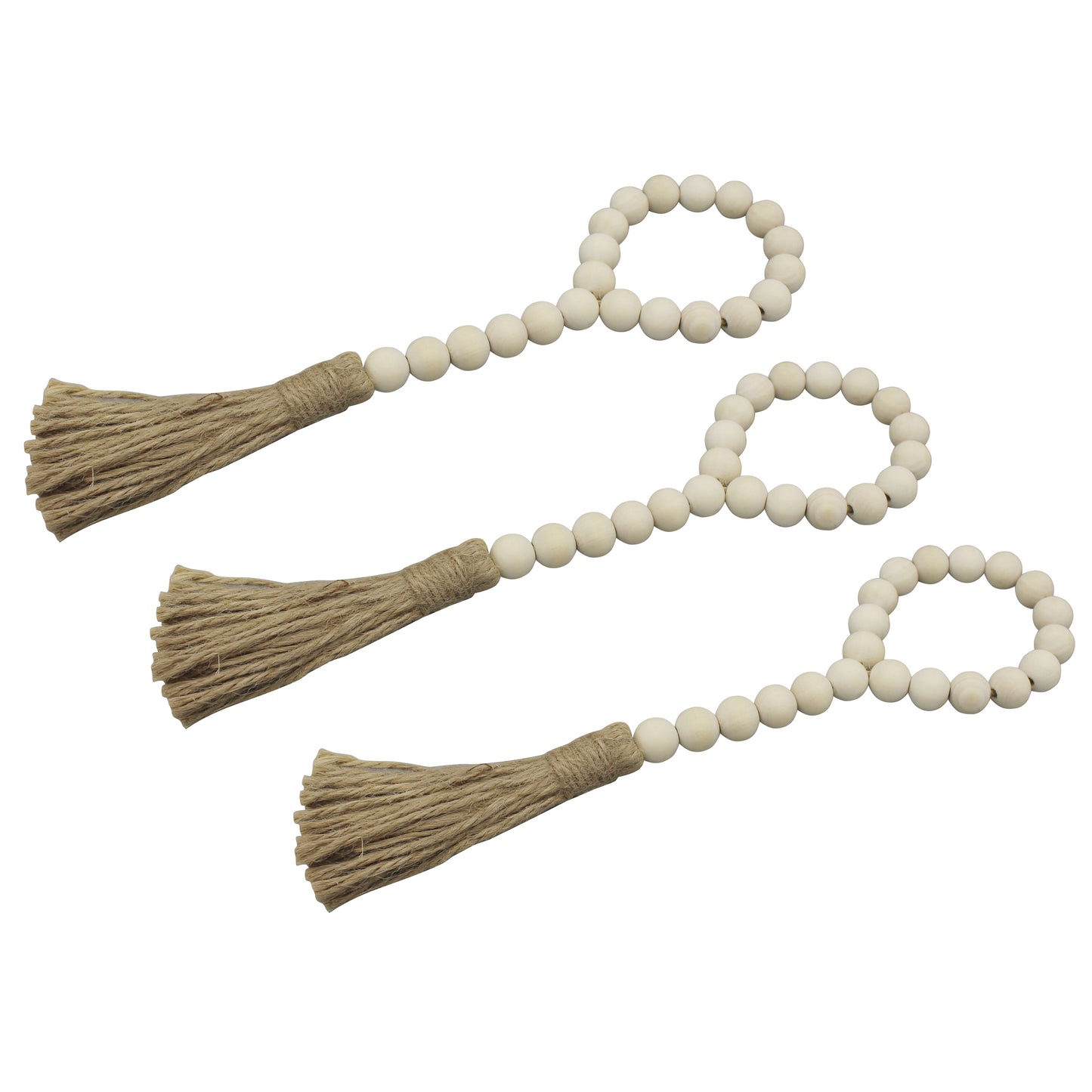 CVHOMEDECO. Wood Beads Garland with Tassels 3 PCS Farmhouse Rustic Wooden Prayer Bead String Wall Hanging Accent for Home Festival Decor. Natural