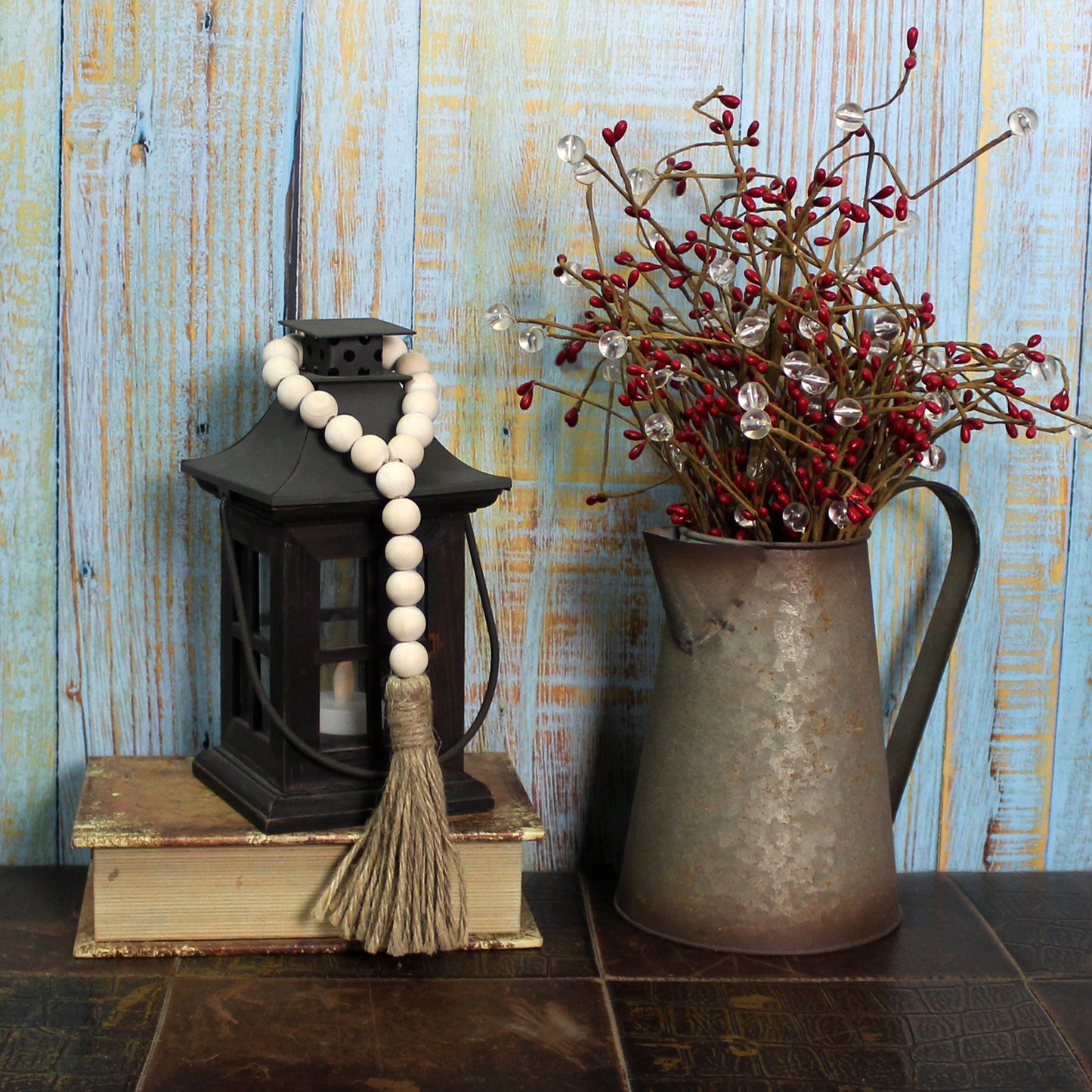 CVHOMEDECO. Wood Beads Garland with Tassels 3 PCS Farmhouse Rustic Wooden Prayer Bead String Wall Hanging Accent for Home Festival Decor. Natural