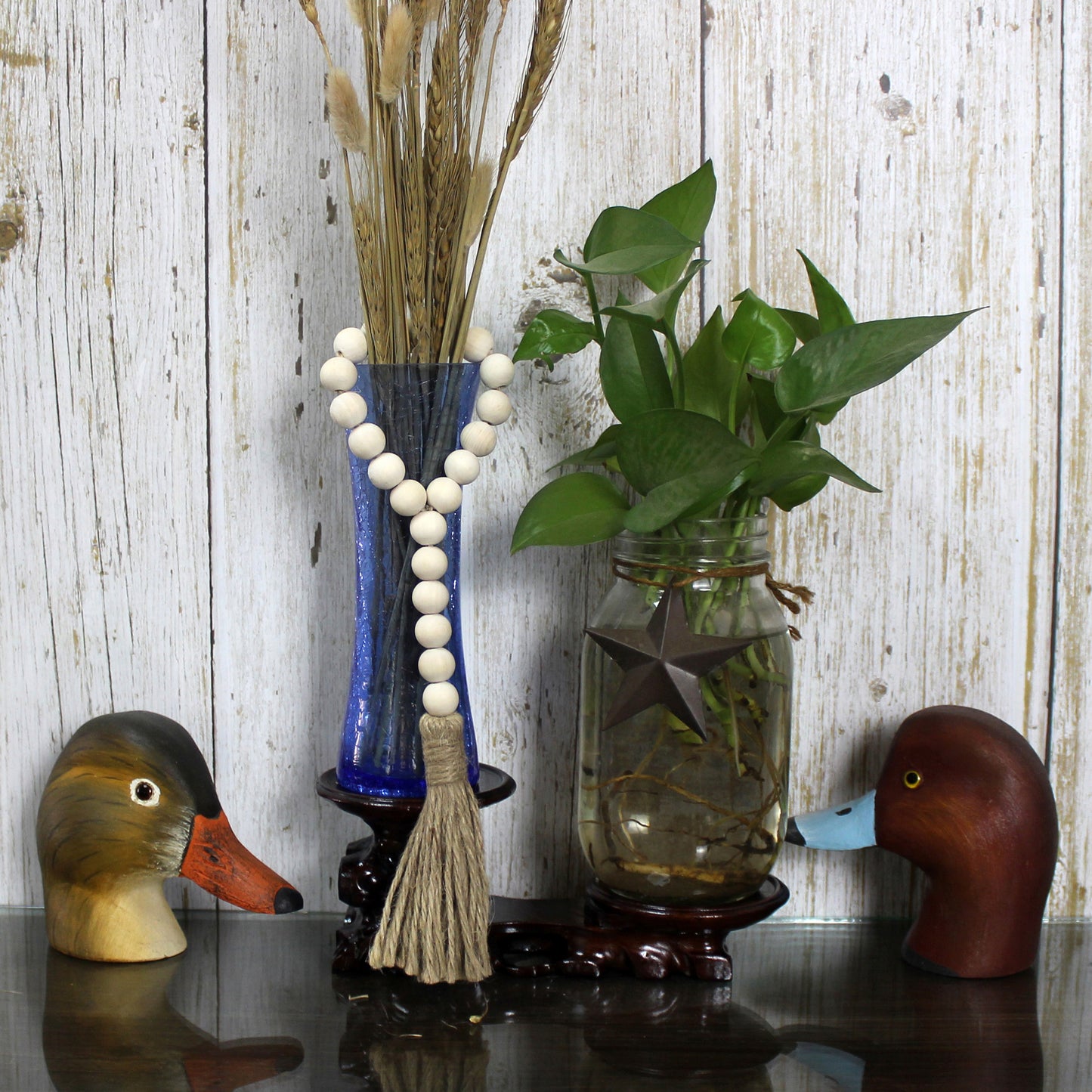 CVHOMEDECO. Wood Beads Garland with Tassels 3 PCS Farmhouse Rustic Wooden Prayer Bead String Wall Hanging Accent for Home Festival Decor. Natural