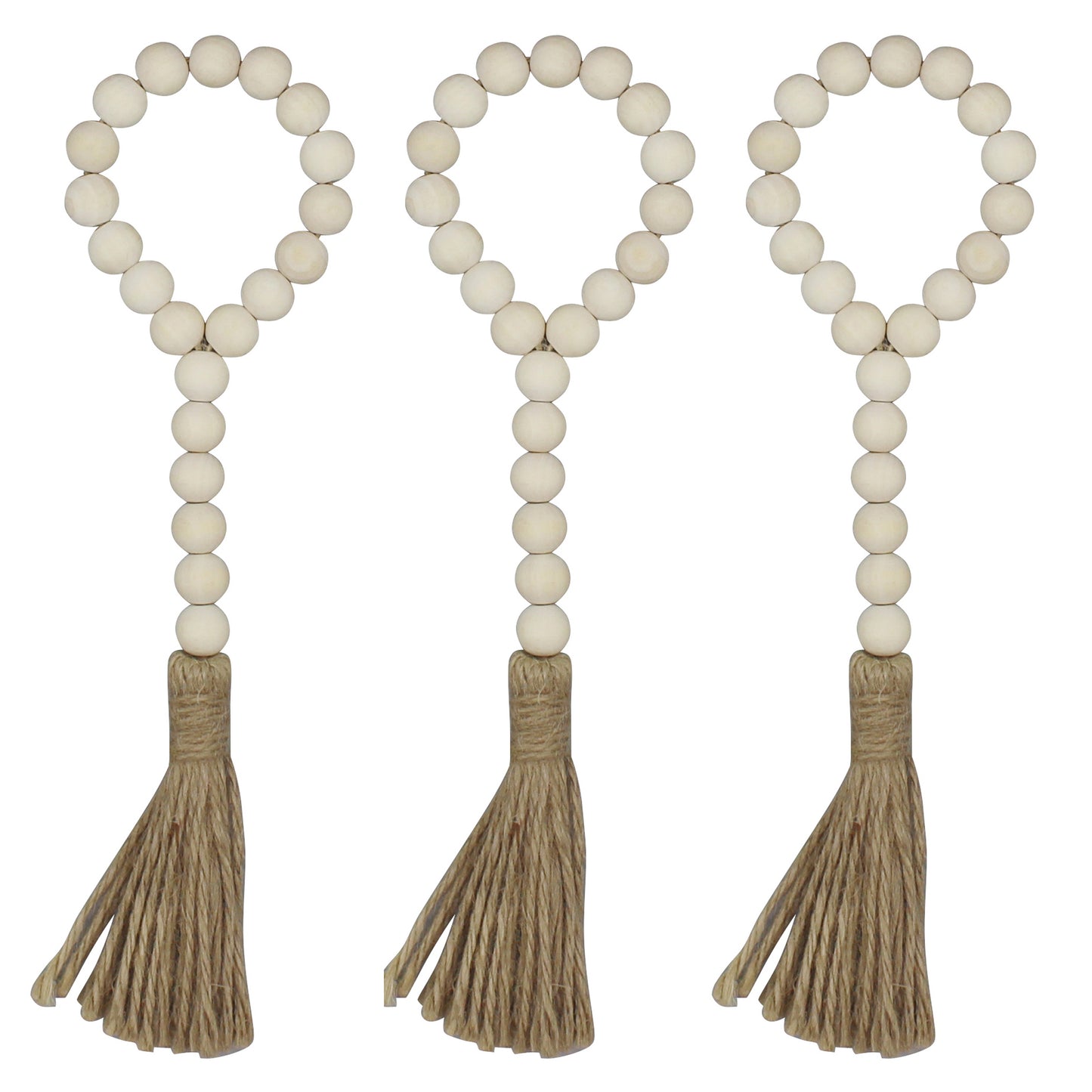 CVHOMEDECO. Wood Beads Garland with Tassels 3 PCS Farmhouse Rustic Wooden Prayer Bead String Wall Hanging Accent for Home Festival Decor. Natural