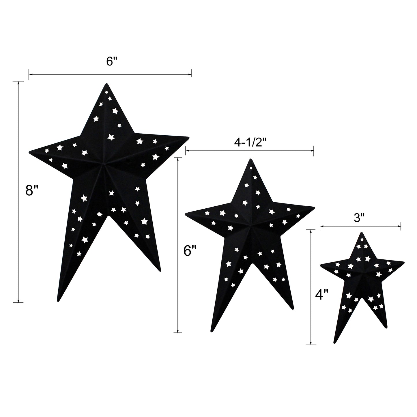 CVHOMEDECO. Primitives Rustic Vintage Gifts Black Punched Metal Barn Stars for Wall/Wreaths/Twigs Decor, 8/6/4 Inch, Set of 3