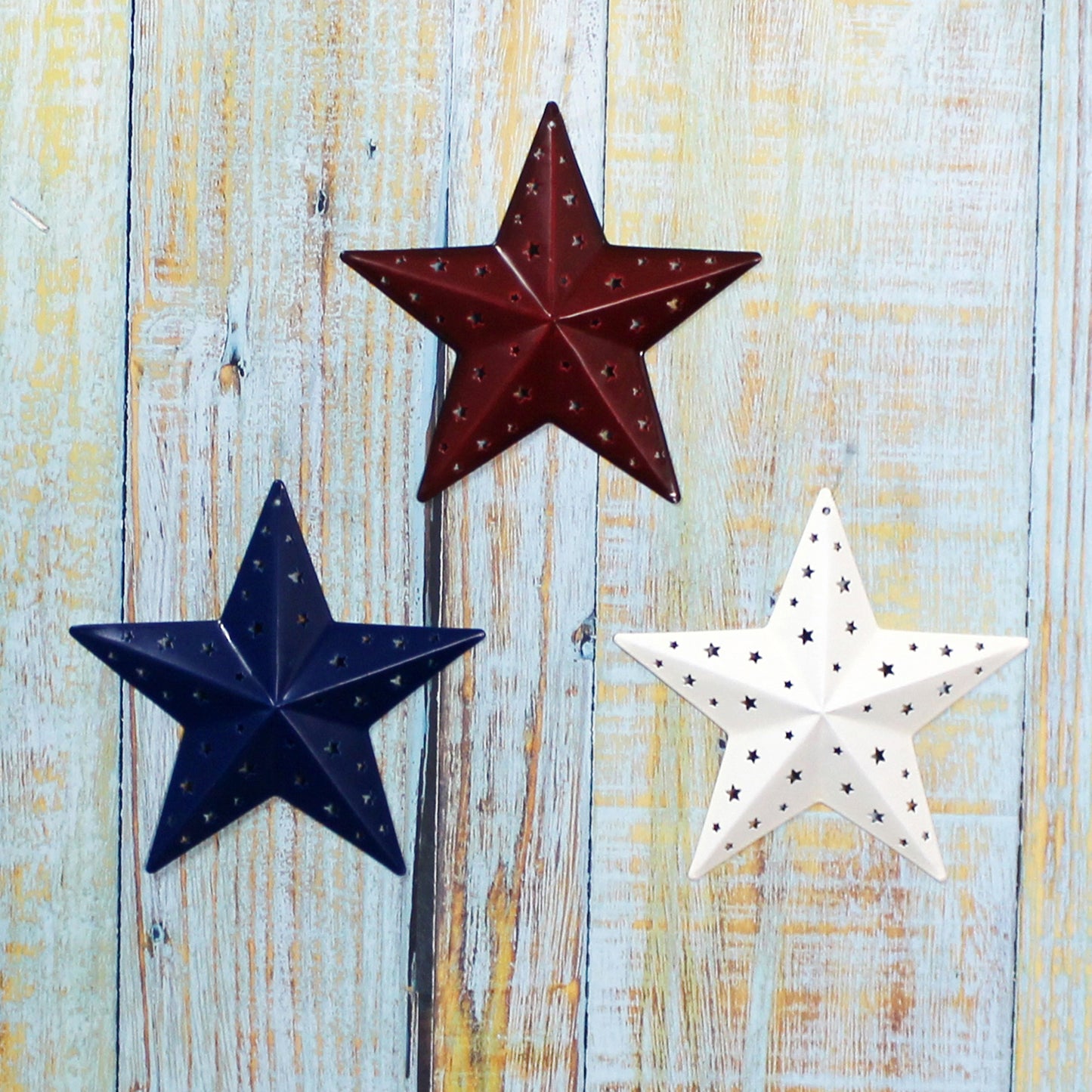 CVHOMEDECO. Primitives Rustic Gifts American Flag Stars Punched Metal Barn Stars for Wall/Wreaths/Twigs Decor, 6 Inch, Set of 3