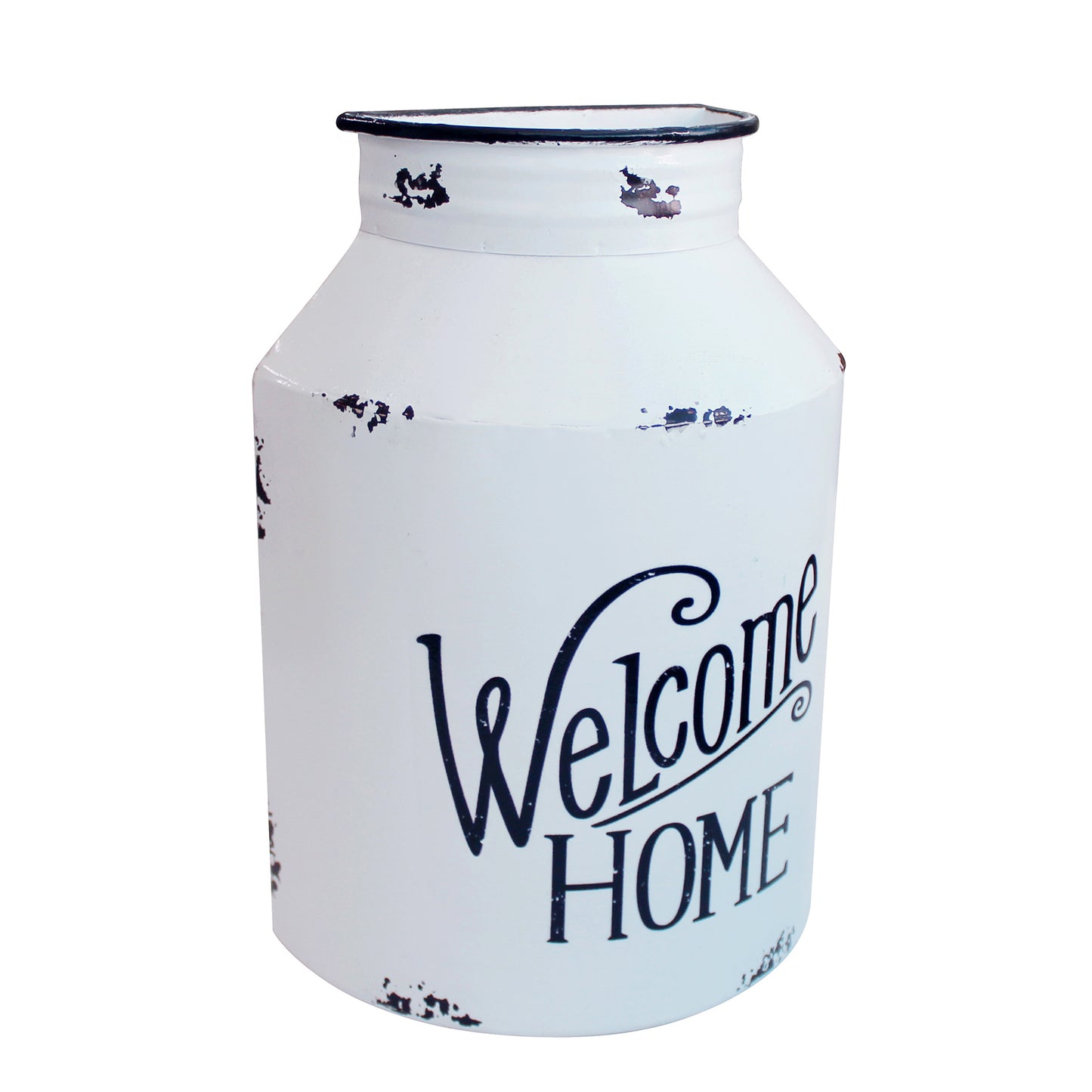 CVHOMEDECO. Primitive Rustic Galvanized Tin Half Round Jug Vase Metal Wall Hanging Flower Holder for Home and Garden Decor, Vintage White