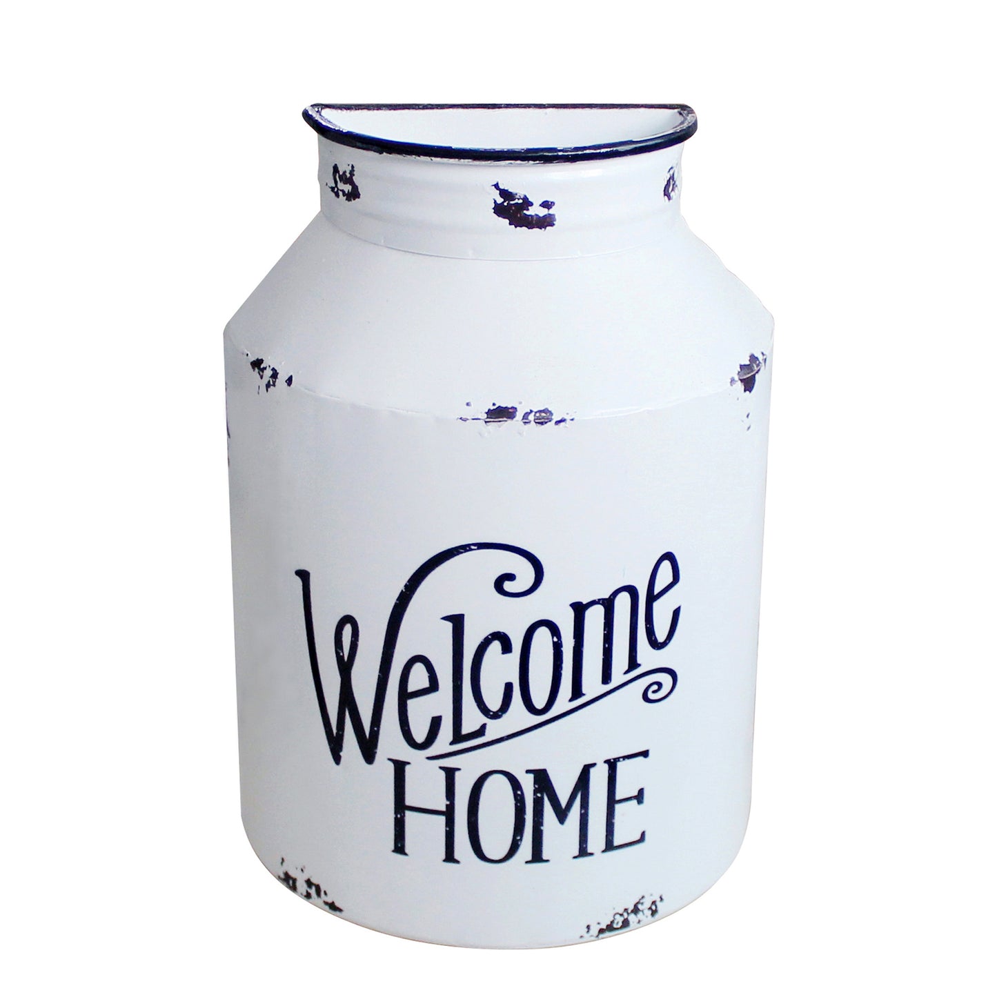 CVHOMEDECO. Primitive Rustic Galvanized Tin Half Round Jug Vase Metal Wall Hanging Flower Holder for Home and Garden Decor, Vintage White
