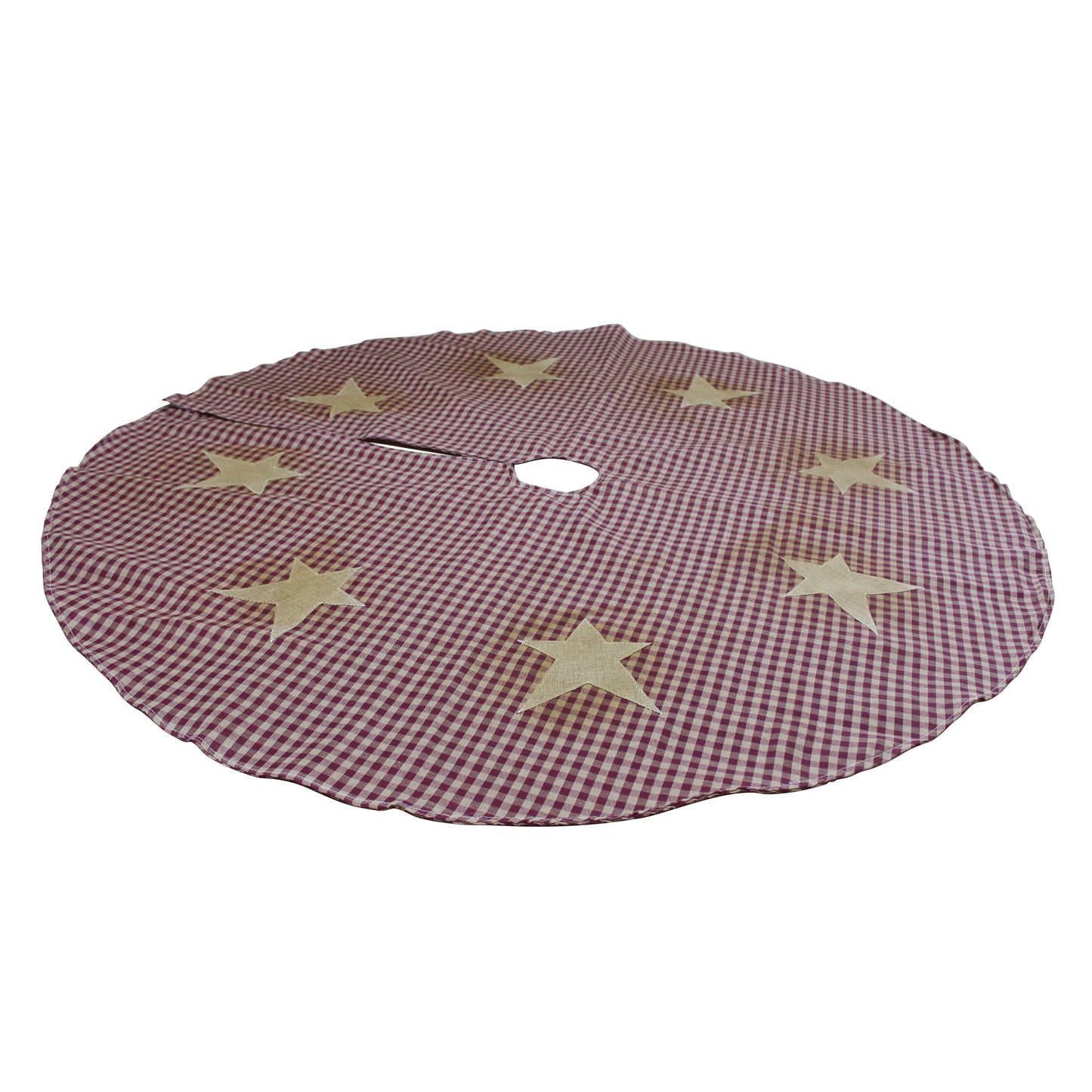 CVHOMEDECO. Country Rustic 50 Inch Christmas Tree Skirt Double Layers Burgundy Plaid Stitching Eight Burlap Stars for Christmas Holiday Party Décor.