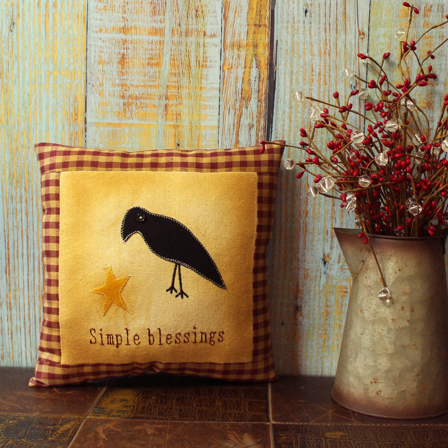 CVHOMEDECO. Primitives Simple Blessings Embroidered Throw Pillow with Crow Star Farmhouse Accent. 11 x 11 Inch