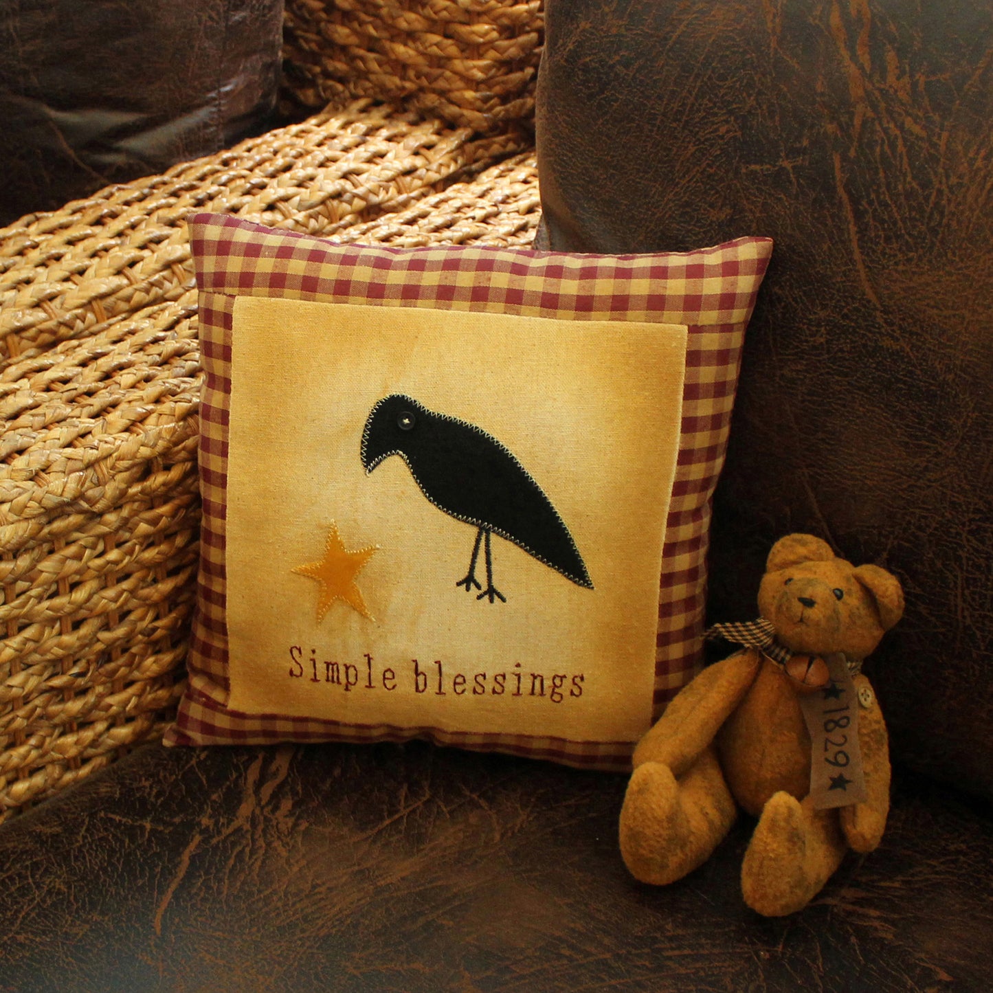 CVHOMEDECO. Primitives Simple Blessings Embroidered Throw Pillow with Crow Star Farmhouse Accent. 11 x 11 Inch
