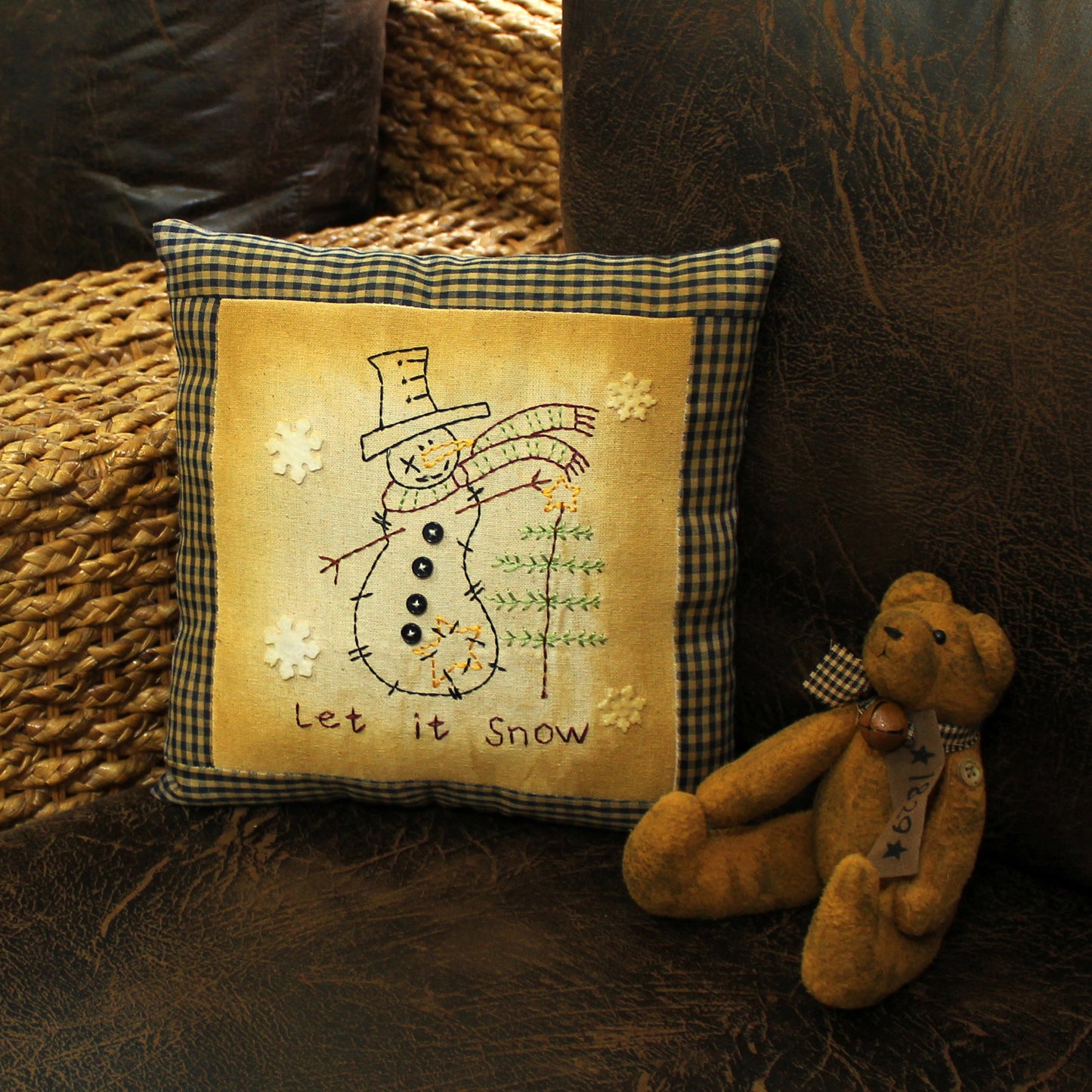 CVHOMEDECO. Primitives Let It Snow Embroidered Throw Pillow with Snowman Snowflake Tree Farmhouse Accent. 11 x 11 Inch