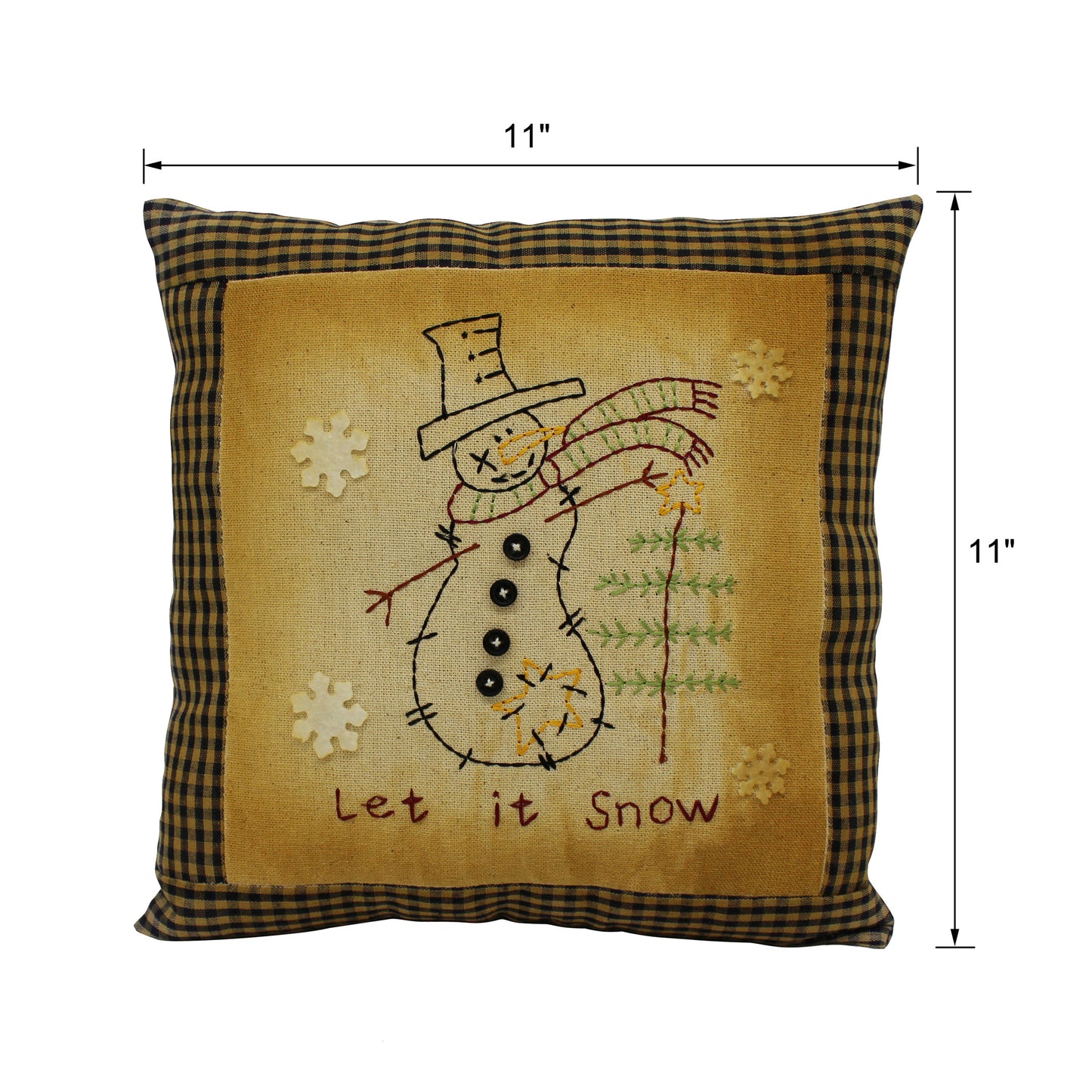 CVHOMEDECO. Primitives Let It Snow Embroidered Throw Pillow with Snowman Snowflake Tree Farmhouse Accent. 11 x 11 Inch