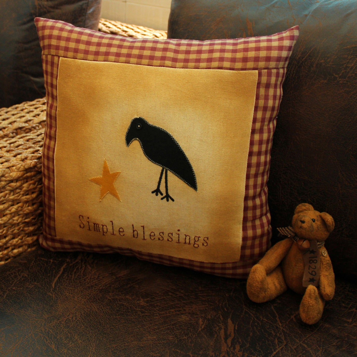CVHOMEDECO. Primitives Simple Blessings Embroidered Throw Pillow with Crow Star Farmhouse Accent. 16 x 16 Inch