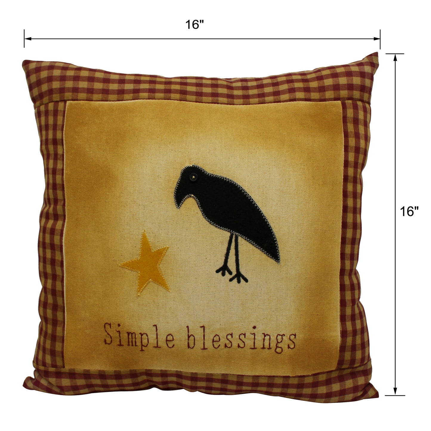CVHOMEDECO. Primitives Simple Blessings Embroidered Throw Pillow with Crow Star Farmhouse Accent. 16 x 16 Inch