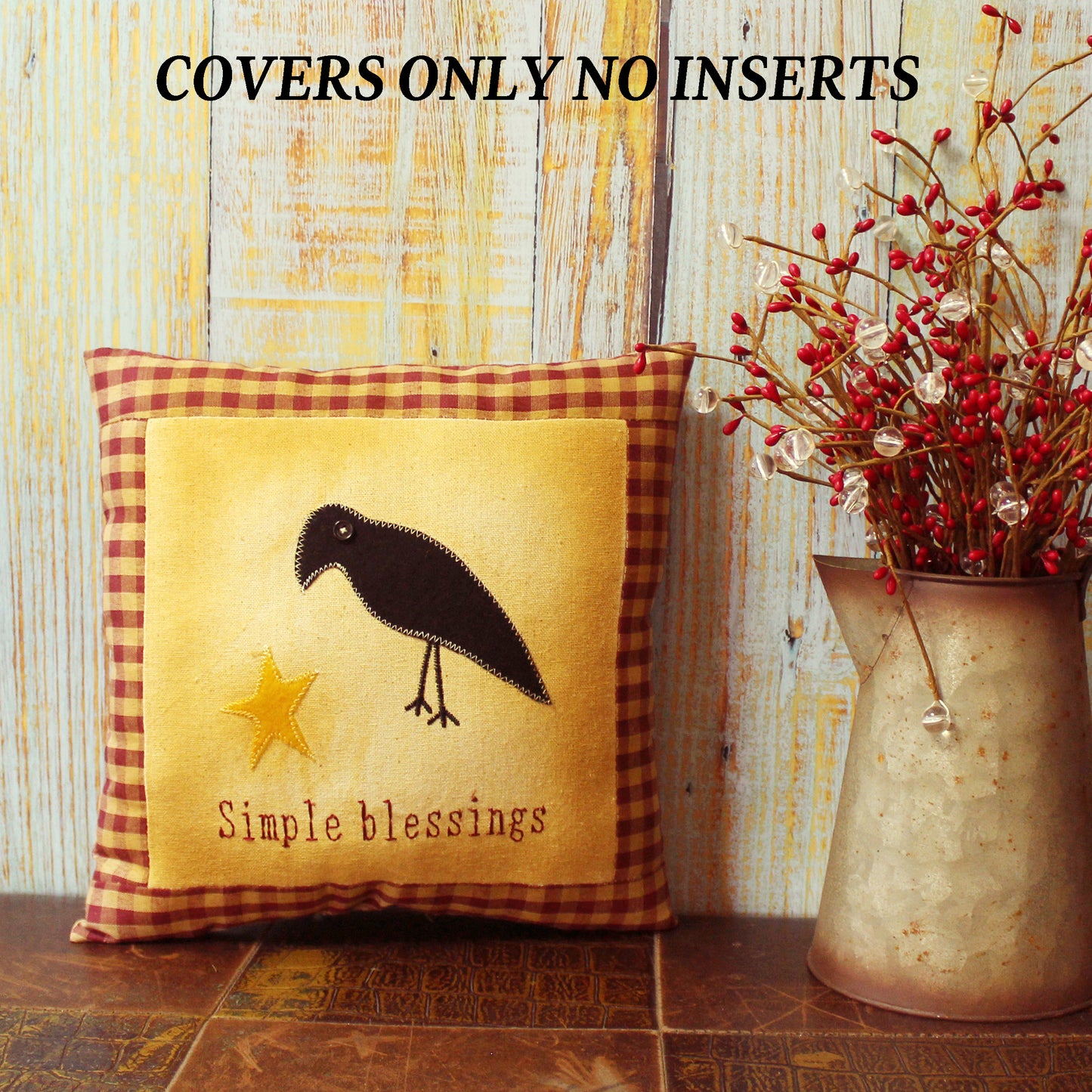 CVHOMEDECO. Primitives Simple Blessings Embroidered Throw Pillow Covers Cushion Case for Couch Sofa Bed. 11 x 11 Inch. Insert Not Included