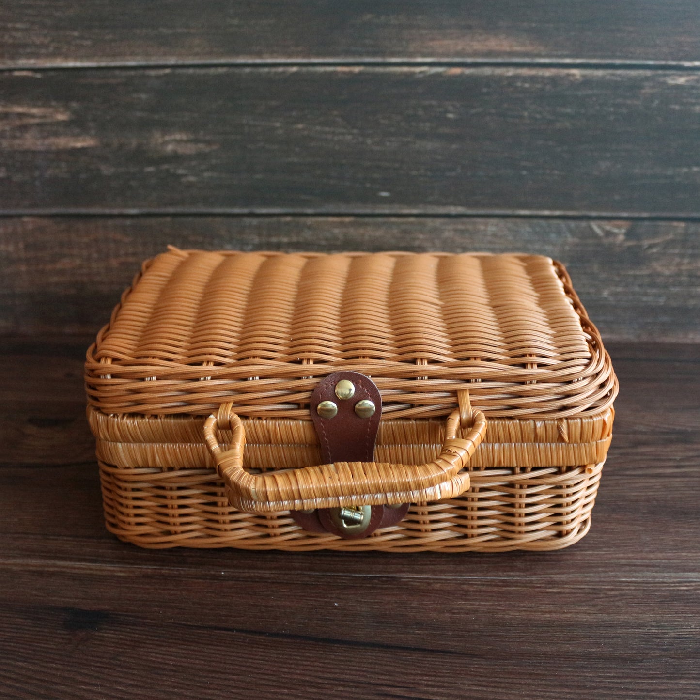 CVHOMEDECO. Vintage Imitation Rattan Mini Storage Case Travel Picnic Basket Tabletop Organizer Resin Wicker Suitcase Photo Props Box. Light Brown. 10.25 X 4.5 X 7 Inch