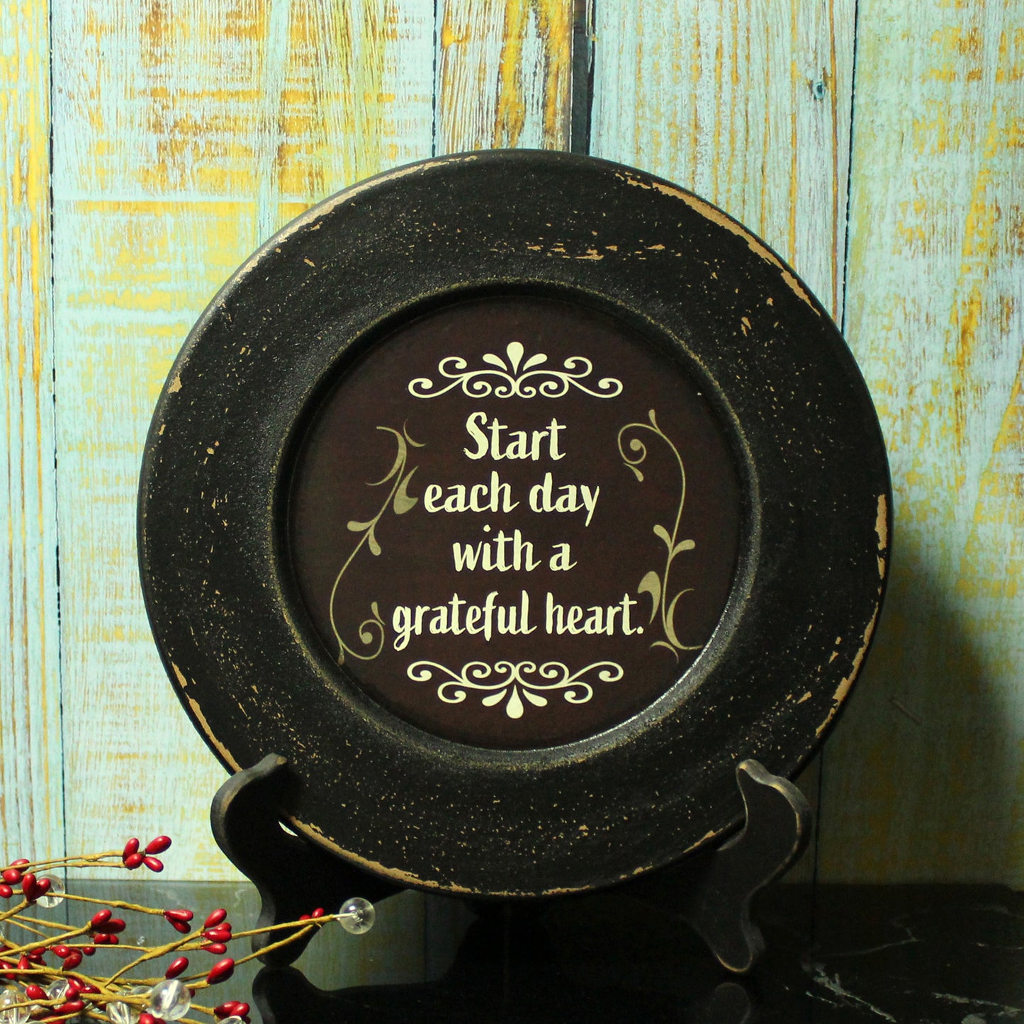 CVHOMEDECO. Primitives Start with Grateful Wood Decorative Plate Display Wooden Plate Home Décor Art, 10.75 Inch