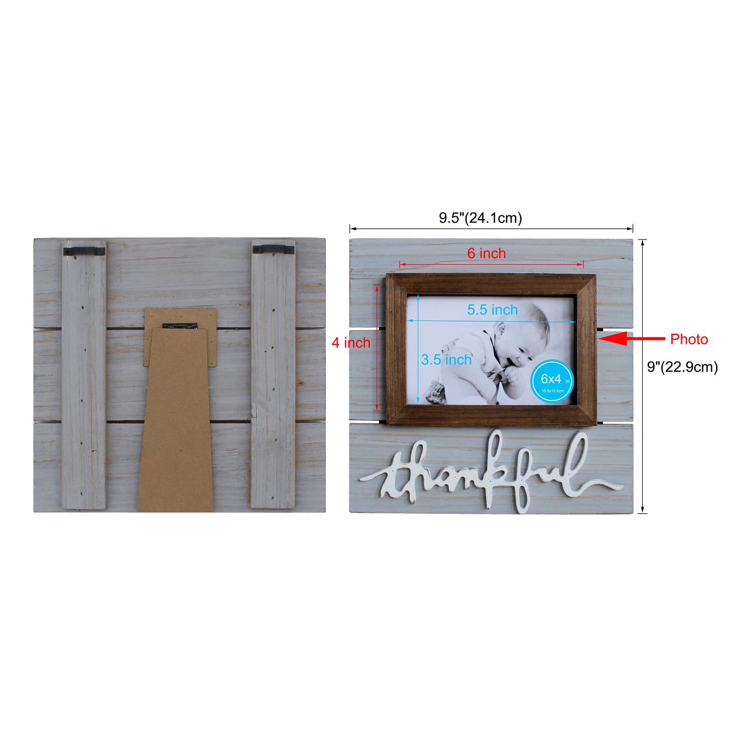 CVHOMEDECO. 6x4 Picture Frame Made of Solid Wood Thankful Designs Photo Frame for Tabletop Display and Wall Mounting, Distress Grey
