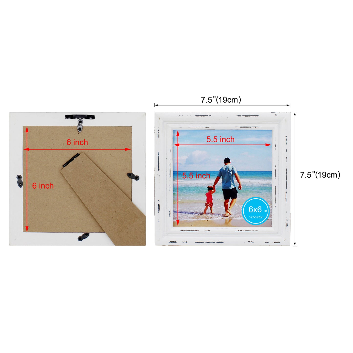 CVHOMEDECO. 6x6 Picture Frame Made of Solid Wood High Definition Glass Rustic Antique Designs Small Photo Frame for Tabletop Display and Wall Mounting, Distress White