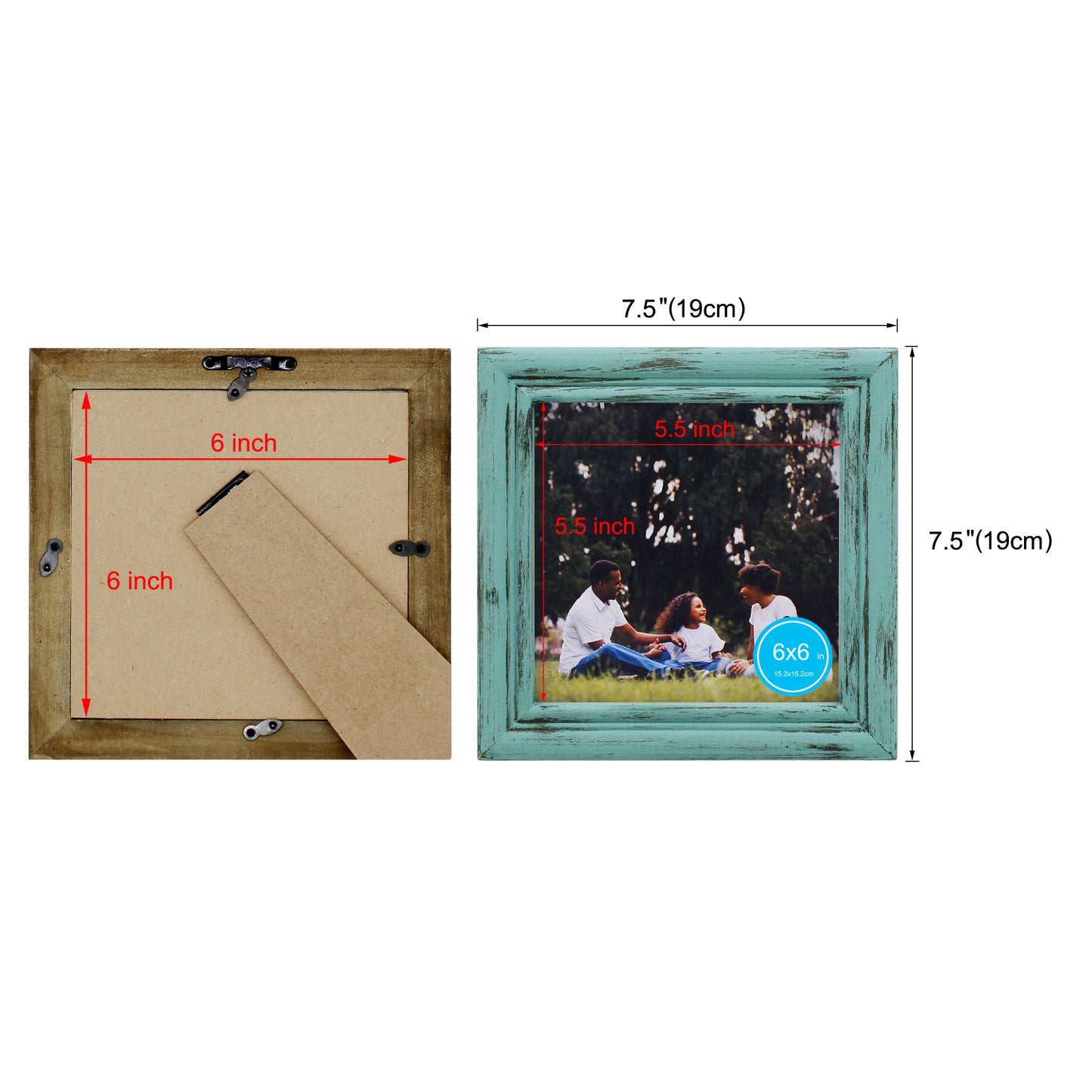 CVHOMEDECO. 6x6 Picture Frame Made of Solid Wood High Definition Glass Rustic Antique Designs Small Photo Frame for Tabletop Display and Wall Mounting, Distress Blue