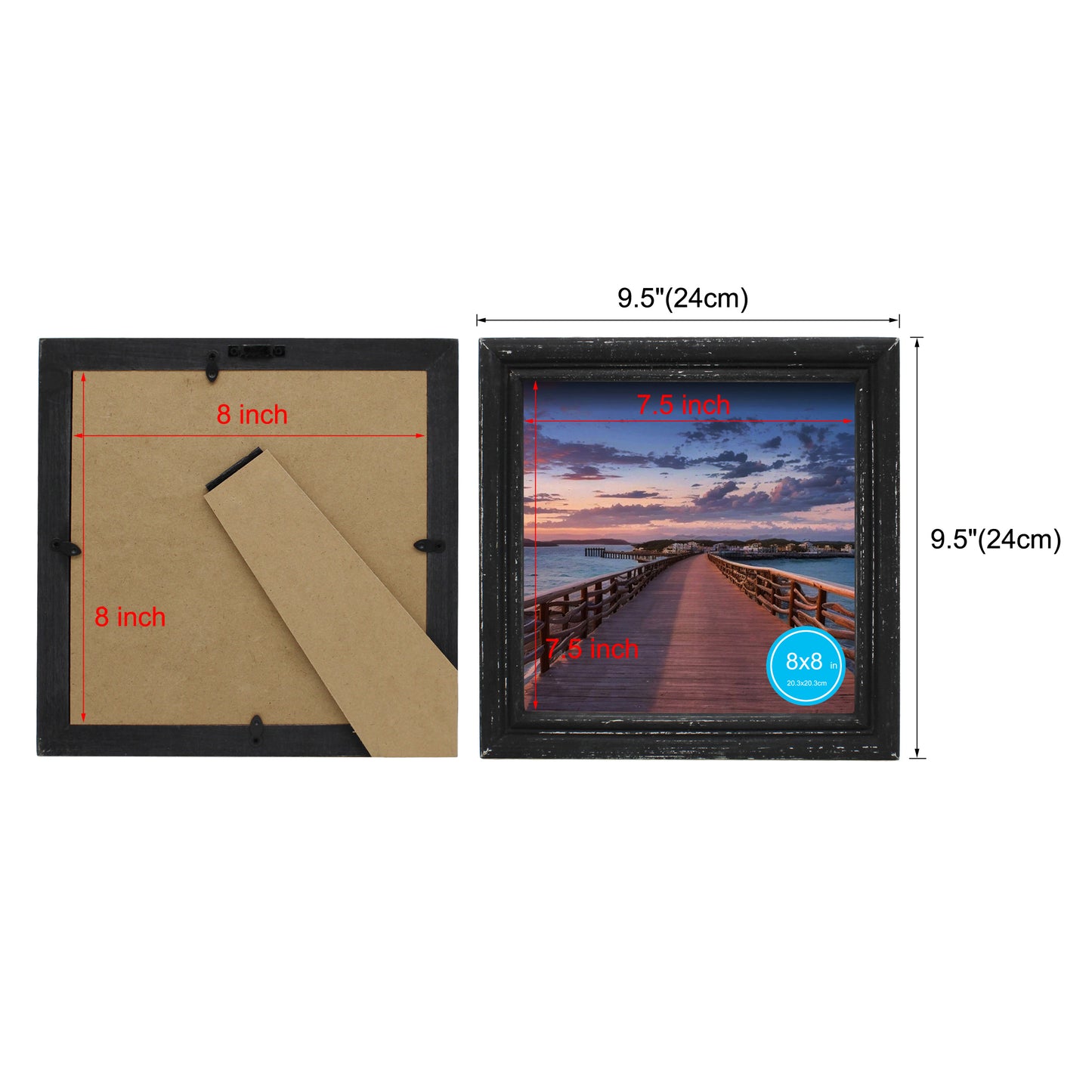 CVHOMEDECO. 8x8 Picture Frame Made of Solid Wood High Definition Glass Rustic Antique Designs Small Photo Frame for Tabletop Display and Wall Mounting, Distress Black