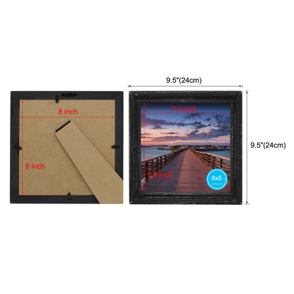 CVHOMEDECO. 8x8 Picture Frame Made of Solid Wood High Definition Glass Rustic Antique Designs Small Photo Frame for Tabletop Display and Wall Mounting, Distress Black
