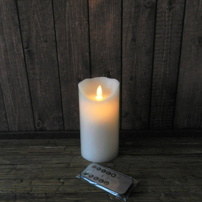 CVHOMEDECO. Dancing Flame Wax Pillar LED Candle with Remote Control, 3.25 X 6 Inch, Ivory