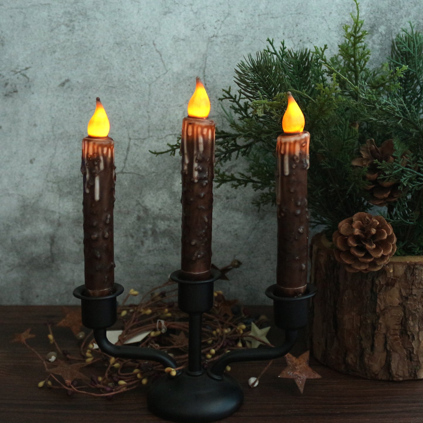 CVHOMEDECO. Real Wax Hand Dipped Battery Operated LED Timer Taper Candles Country Primitive Flameless Lights Décor, 6.75 Inch, Brown, 2 PCS in a Package