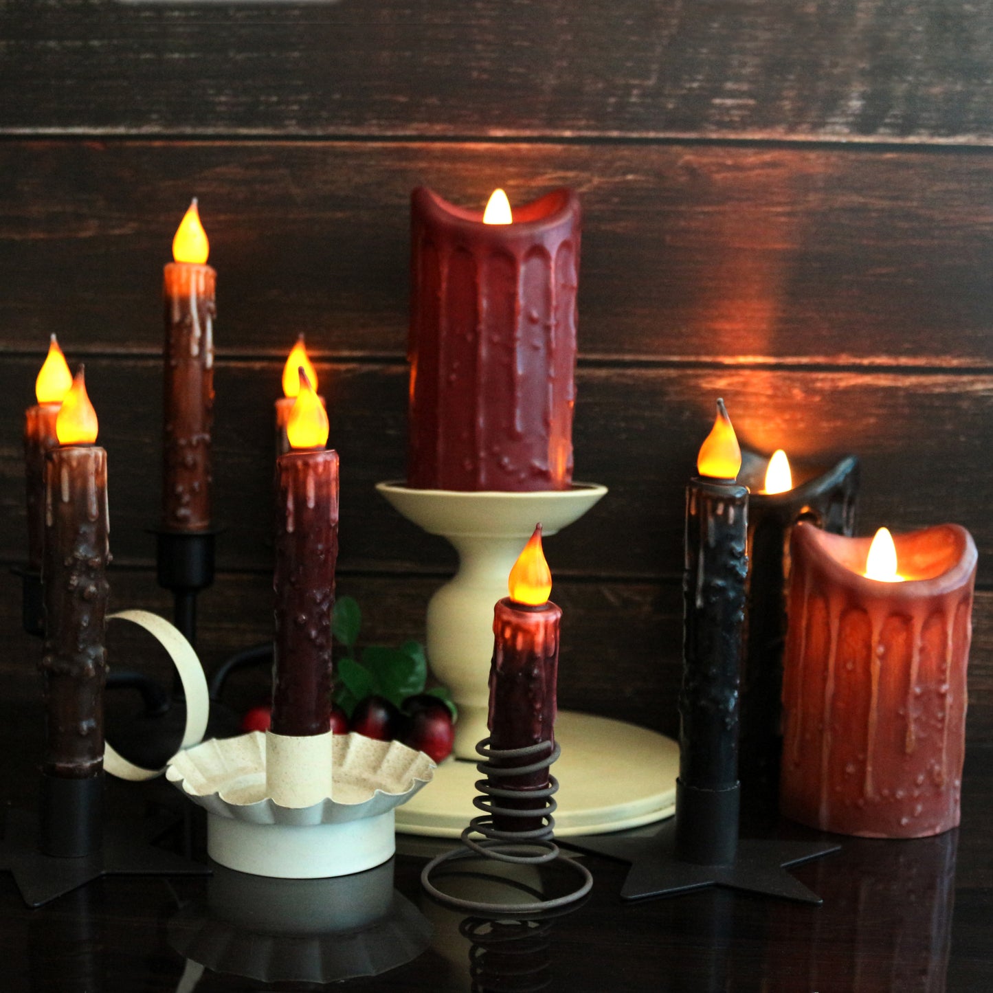 CVHOMEDECO. Real Wax Hand Dipped Battery Operated LED Timer Taper Candles Country Primitive Flameless Lights Décor, 6.75 Inch, Brown, 2 PCS in a Package