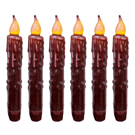 CVHOMEDECO. Real Wax Hand Dipped Battery Operated LED Timer Taper Candles Rustic Primitive Flameless Lights Décor, 6.75 Inch, Burgundy, 6 PCS in a Package