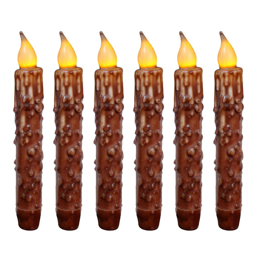CVHOMEDECO. Real Wax Hand Dipped Battery Operated LED Timer Taper Candles Rustic Primitive Flameless Lights Décor, 6.75 Inch, Coffee, 6 PCS in a Package