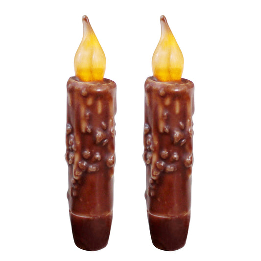 CVHOMEDECO. Real Wax Hand Dipped Battery Operated LED Timer Taper Candles Country Primitive Flameless Lights Décor, 4.75 Inch, Coffee, 2 PCS in a Package