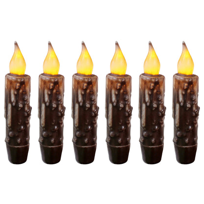 CVHOMEDECO. Real Wax Hand Dipped Battery Operated LED Timer Taper Candles Rustic Primitive Flameless Lights Décor, 4.75 Inch, Brwon, 6 PCS in a Package
