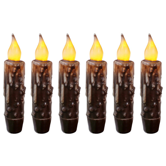 CVHOMEDECO. Real Wax Hand Dipped Battery Operated LED Timer Taper Candles Rustic Primitive Flameless Lights Décor, 4.75 Inch, Brwon, 6 PCS in a Package