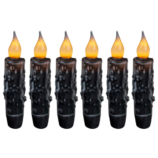 CVHOMEDECO. Real Wax Hand Dipped Battery Operated LED Timer Taper Candles Rustic Primitive Flameless Lights Décor, 4.75 Inch, Matt Black, 6 PCS in a Package