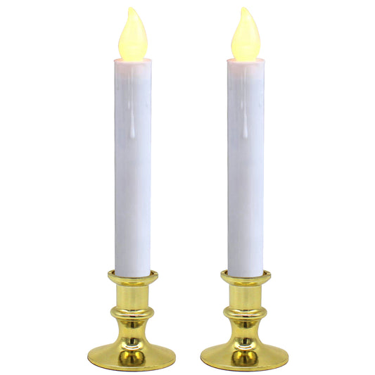 CVHOMEDECO. Battery Operated LED Window Candles, Auto On/Off, Gold Plastic Base, Flickering Warm Orange Flameless Lights Decor. (2 Pack)