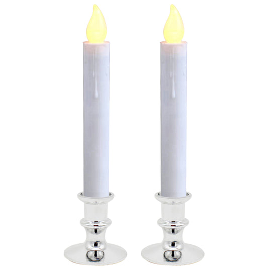 CVHOMEDECO. Battery Operated LED Window Candles, Auto On/Off, Silver Plastic Base, Flickering Warm Orange Flameless Lights Decor. (2 Pack)