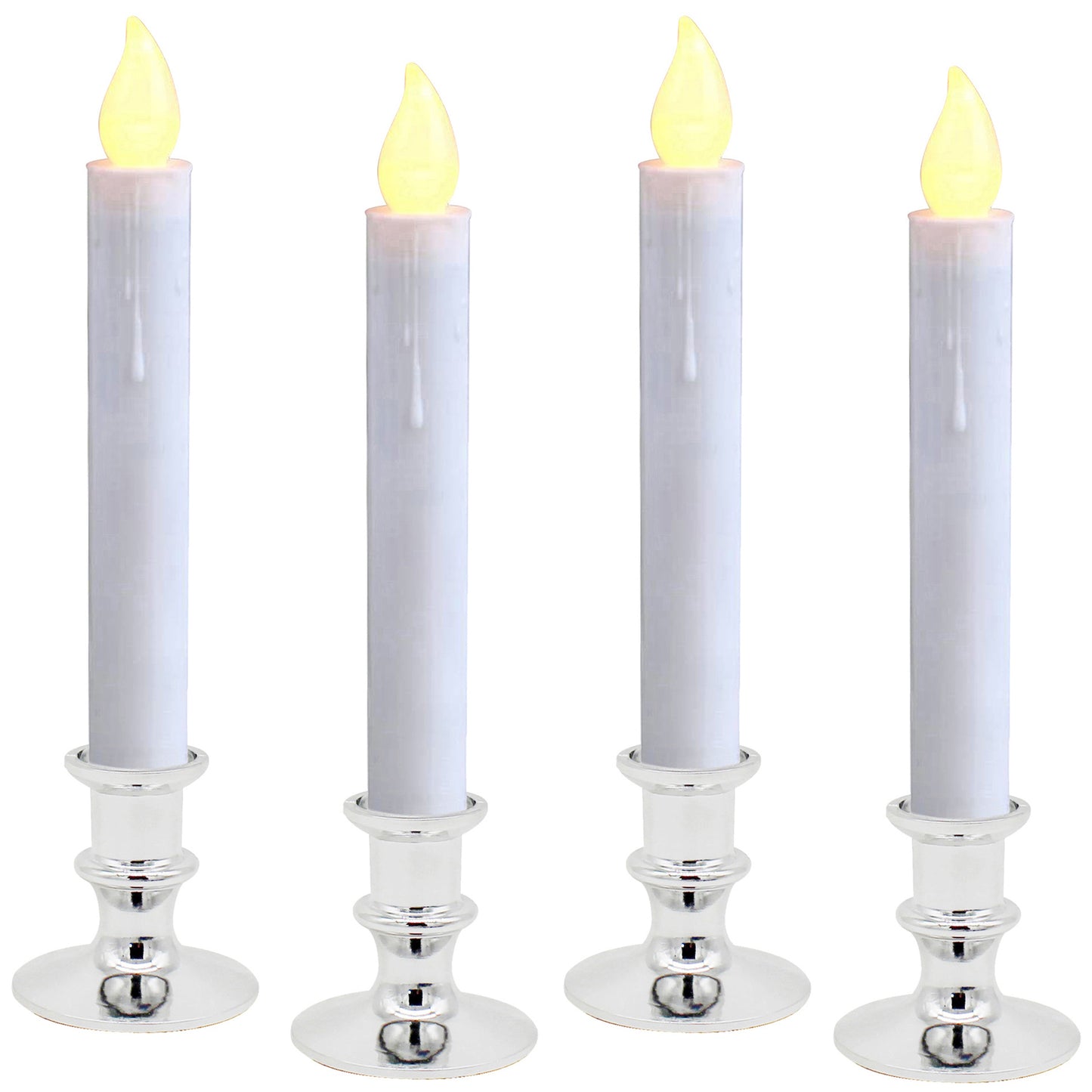 CVHOMEDECO. Battery Operated LED Window Candles, Auto On/Off, Silver Plastic Base, Flickering Warm Orange Flameless Lights Decor. (4 Pack)
