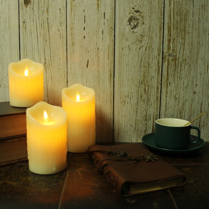CVHOMEDECO. Flameless Candles Electronic Rechargeable Battery Extra Bright Ivory Dripping Real Wax Pillars LED Flickering Pillar Candle with 10 Key Remote Control, Set of 3