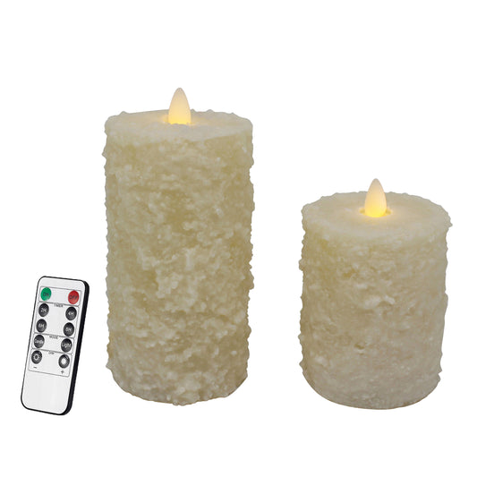 CVHOMEDECO. Cake Shape Real Wax Hand Dipped Battery Operated LED Pillar Candles with Timer and Remote Control, Farmhouse Flickering Dancing Flame Lights, 6 & 4 Inch, Set of 2, Ivory
