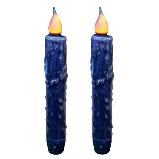 CVHOMEDECO. Real Wax Hand Dipped Battery Operated LED Timer Taper Candles Rustic Primitive Flameless Lights Decor, 6.75 Inch, Navy Blue, 2 PCS in a Package