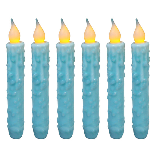 CVHOMEDECO. Real Wax Hand Dipped Battery Operated LED Timer Taper Candles Rustic Primitive Flameless Lights Decor, 6.75 Inch, Teal, 6 PCS in a Package