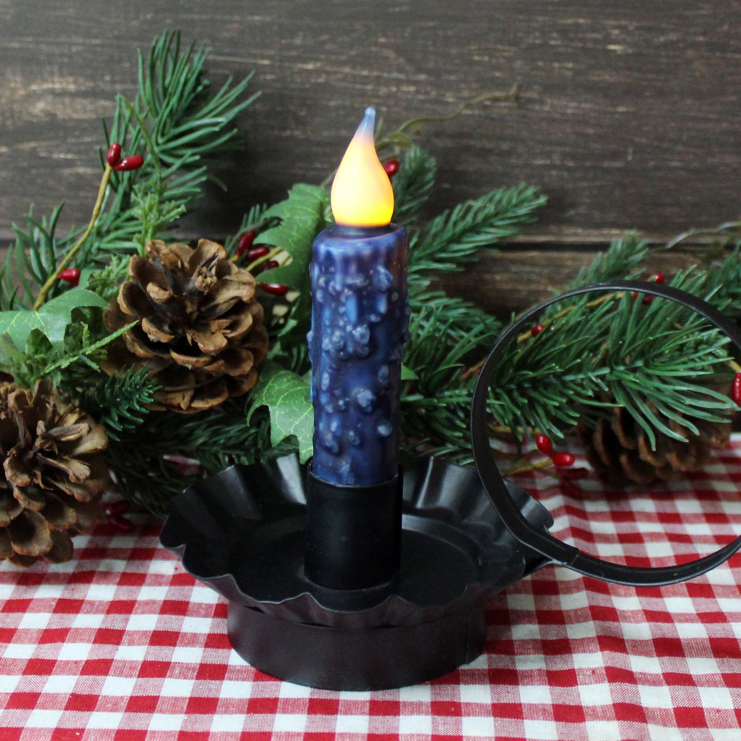 CVHOMEDECO. Real Wax Hand Dipped Battery Operated LED Timer Taper Candles Rustic Primitive Flameless Lights Decor, 4.75 Inch, Navy Blue, 6 PCS in a Package