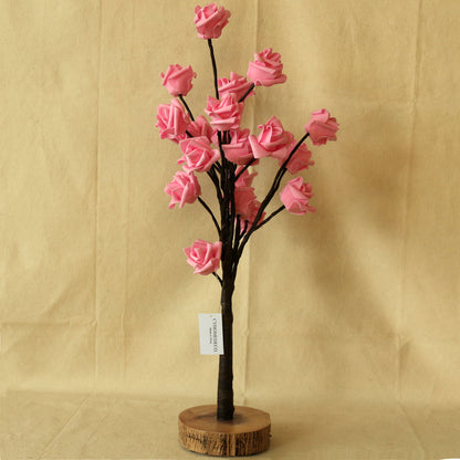 CVHOMEDECO. Battery Operated w/Timer Lighted Pink Rose Tree Tabletop LED Light, 20 Warm White LEDs, Rustic Vintage Wooden base, For Home/Party/ Wedding/Festival/Indoor Decoration, 22 Inch