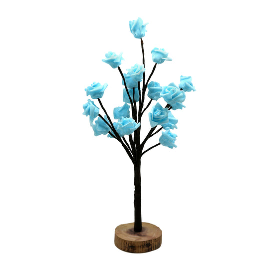 CVHOMEDECO. Battery Operated w/Timer Lighted Blue Rose Tree Tabletop LED Light, 20 Warm White LEDs, Rustic Vintage Wooden base, For Home/Party/ Wedding/Festival/Indoor Decoration, 22 Inch