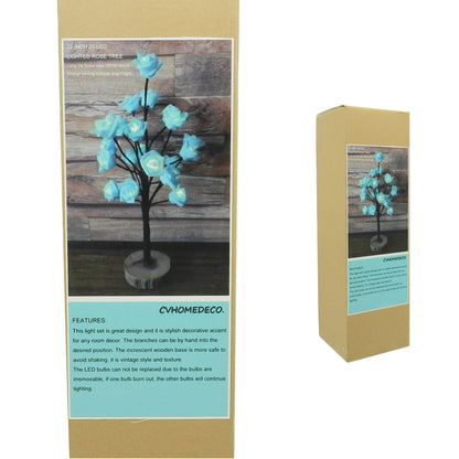 CVHOMEDECO. Battery Operated w/Timer Lighted Blue Rose Tree Tabletop LED Light, 20 Warm White LEDs, Rustic Vintage Wooden base, For Home/Party/ Wedding/Festival/Indoor Decoration, 22 Inch