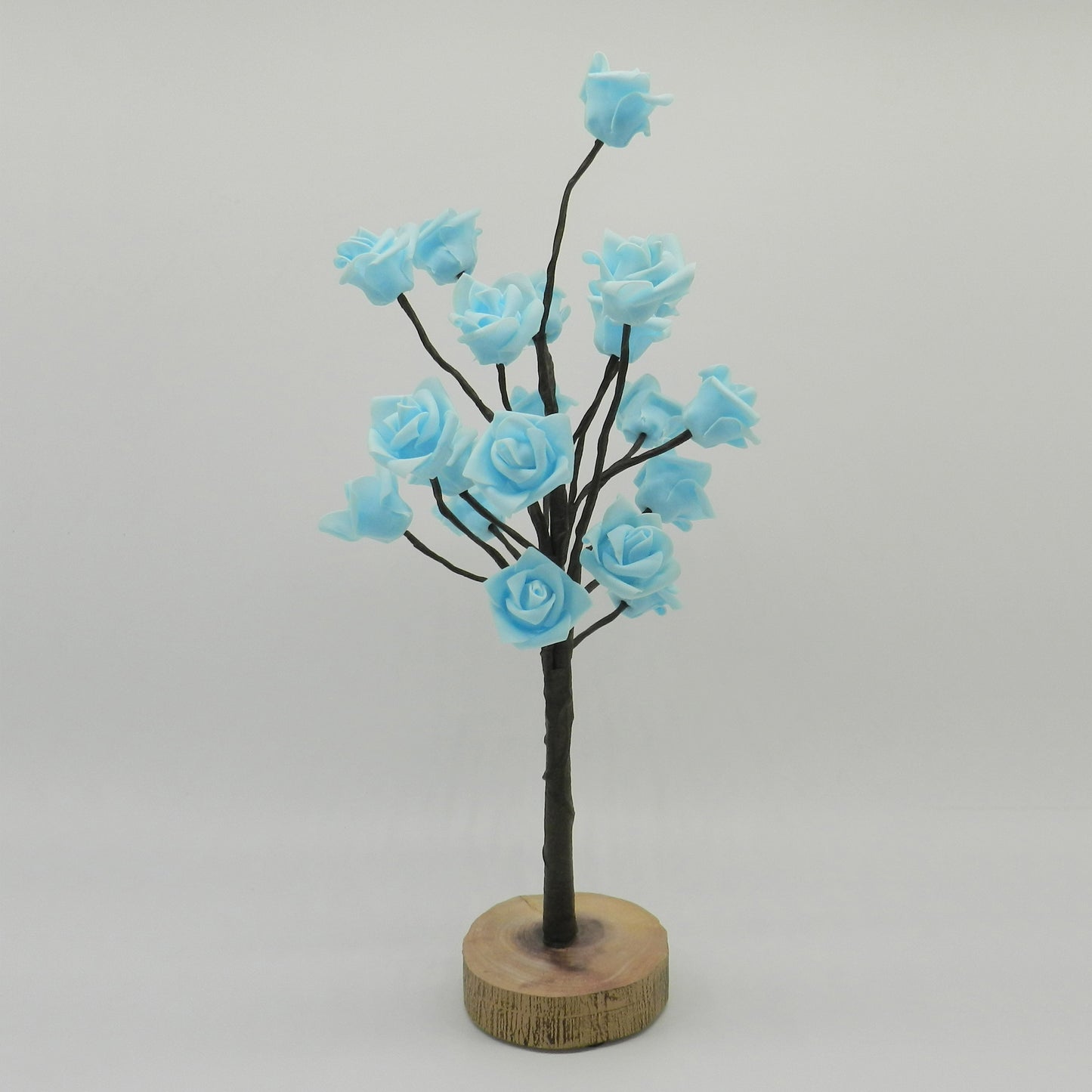 CVHOMEDECO. Battery Operated w/Timer Lighted Blue Rose Tree Tabletop LED Light, 20 Warm White LEDs, Rustic Vintage Wooden base, For Home/Party/ Wedding/Festival/Indoor Decoration, 22 Inch