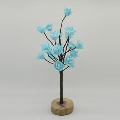 CVHOMEDECO. Battery Operated w/Timer Lighted Blue Rose Tree Tabletop LED Light, 20 Warm White LEDs, Rustic Vintage Wooden base, For Home/Party/ Wedding/Festival/Indoor Decoration, 22 Inch