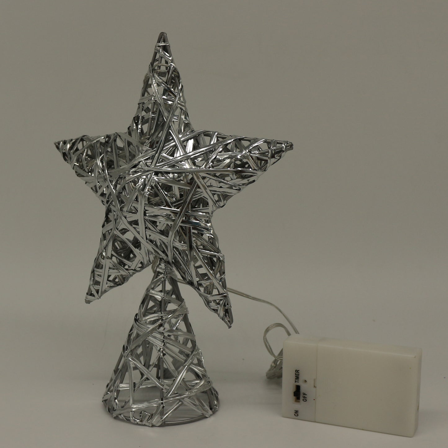 CVHOMEDECO. Silver Tree Top Star with Timer Warm White LED 10 Lights (Three Functions) for Christmas Ornaments and Holiday Seasonal Décor, 7 x 9.5 Inch