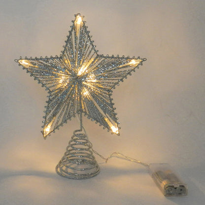 CVHOMEDECO. Silver Glittered Tree Top Star with Warm White LED Lights for Christmas Ornaments and Holiday Seasonal Décor, 8 x 10 Inch