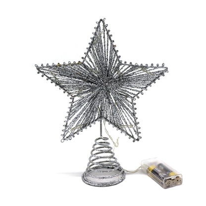CVHOMEDECO. Silver Glittered Tree Top Star with Warm White LED Lights for Christmas Ornaments and Holiday Seasonal Décor, 8 x 10 Inch